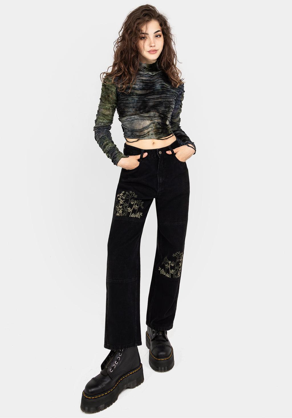 Buckthorn Embroidered Denim Barrel Leg Jeans Product Image
