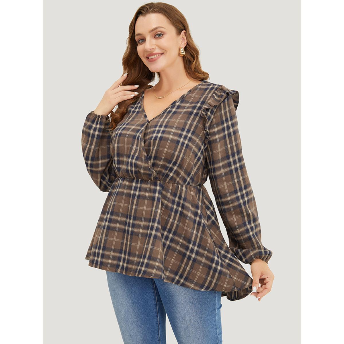 Plus Size DarkBrown Plaid Ruffles Trim Lantern Sleeve Asymmetrical Hem Wrap Blouse Women Elegant Long Sleeve V-neck Dailywear Blouses BloomChic 10/M Product Image
