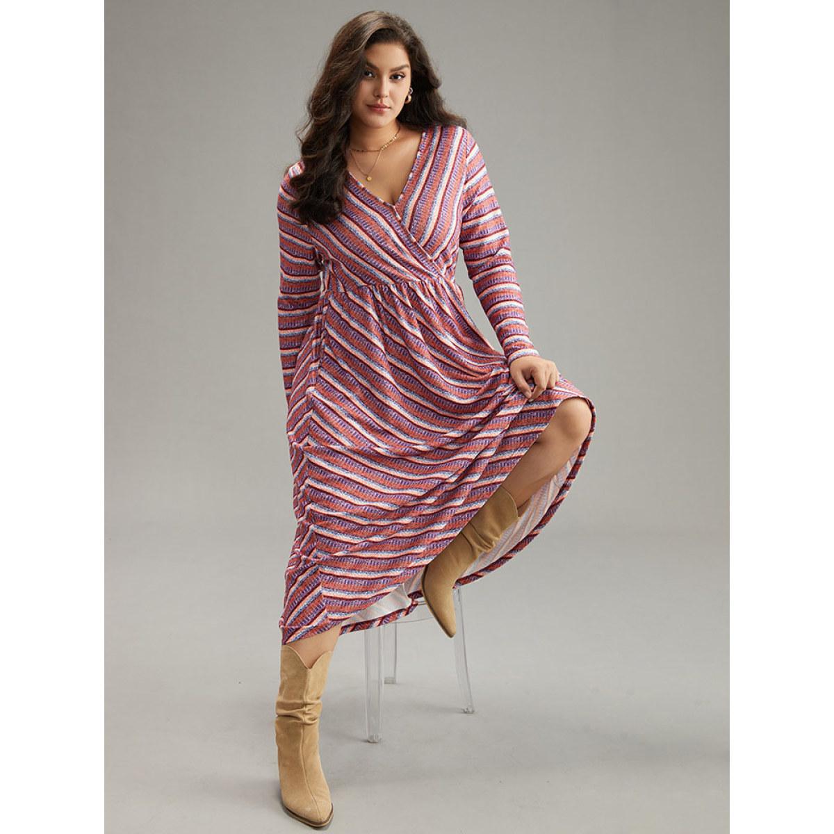 Plus Size Striped Elastic Waist Gathered Dress DustyPink Women Casual Printed V-neck Long Sleeve Curvy Midi Dress BloomChic 22-24/3X Product Image