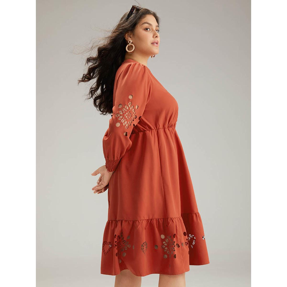 Plus Size Plain Shirred Button Up Laser Cut Dress Maroon Women Vacation Plain Notched collar Long Sleeve Curvy Midi Dress BloomChic 18-20/2X Product Image