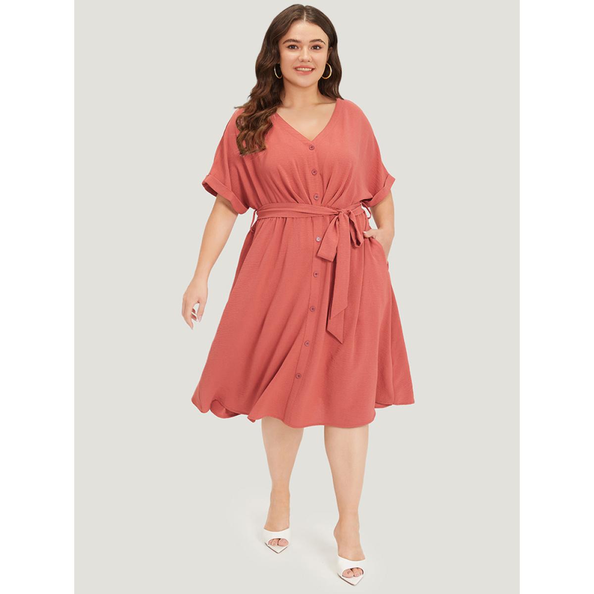 Plus Size Solid Pocket Button Detail Ties Roll Sleeve Dress Rust Women Office Plain V-neck Short sleeve Curvy Midi Dress BloomChic 12/L Product Image