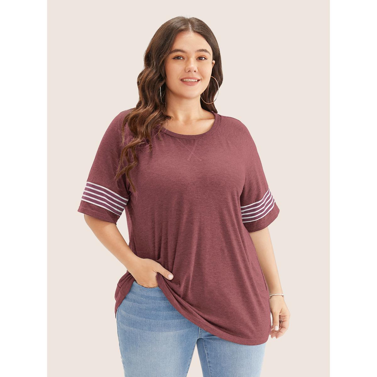 Plus Size Striped Contrast Raglan Sleeve Crew Neck T-shirt Burgundy Women Casual Plain Everyday T-shirts BloomChic 12/L Product Image