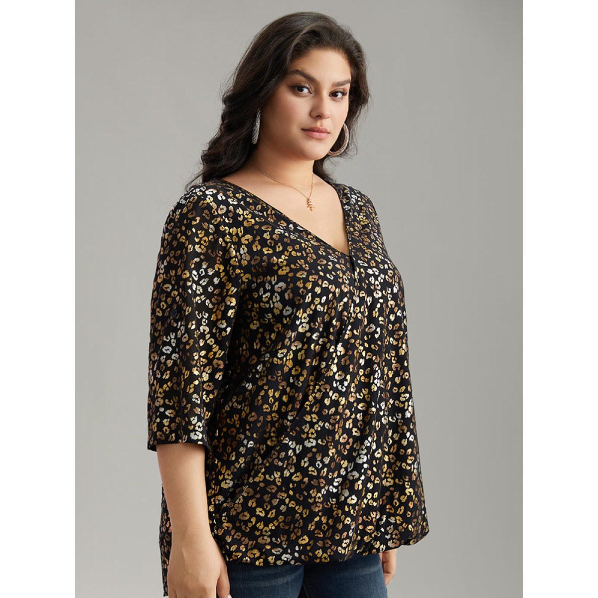 Plus Size Black Leopard Glitter Wrap V Neck Blouse Women Glamour Elbow-length sleeve V-neck Going out Blouses BloomChic 10/M Product Image