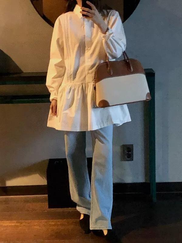 A-Line Long Sleeves Buttoned Pleated Solid Color Lapel Mini Dresses Shirt Dress Product Image