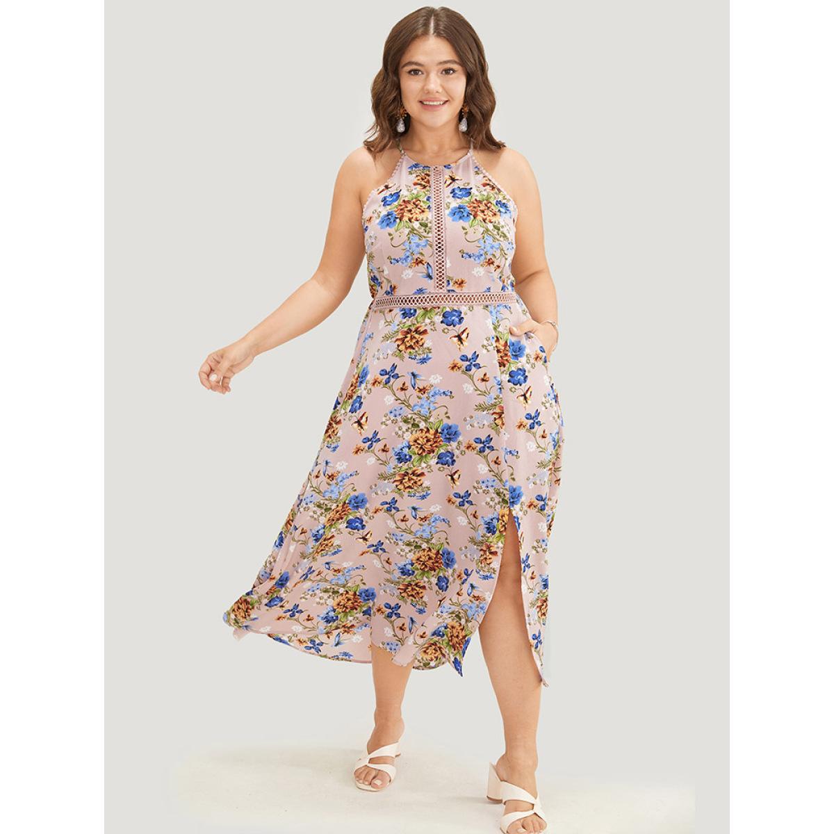 Plus Size Floral Pocket Lace Insert Split Pompom Trim Halter Dress Pink Women Elegant Lace Halter neck Sleeveless Curvy Midi Dress BloomChic 26/4X Product Image