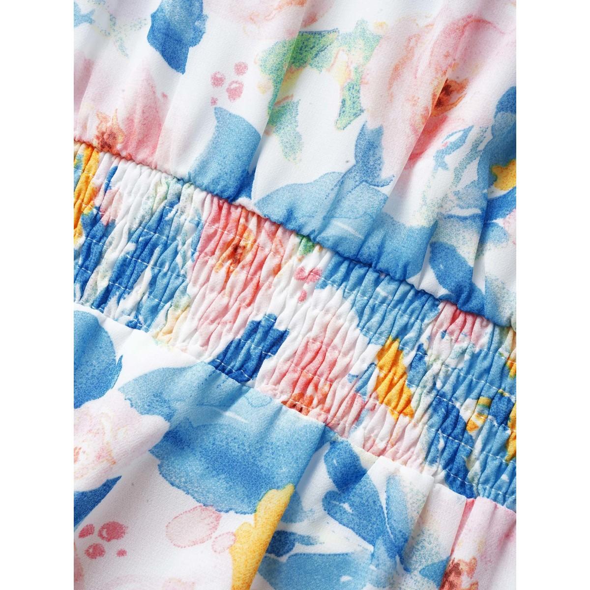 Plus Size Watercolor Floral Shirred Puff Sleeve Midi Dress Skyblue Women Elegant Shirred Heart neckline Short sleeve Curvy BloomChic 10/M Product Image