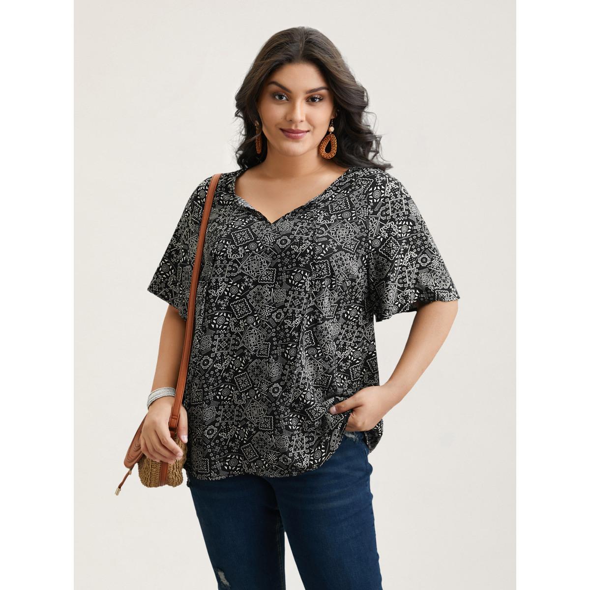 Plus Size Black Boho Print Neck-Tie Blouse Women Resort Short sleeve Ribbon-tied collar Vacation Blouses BloomChic 10/M Product Image