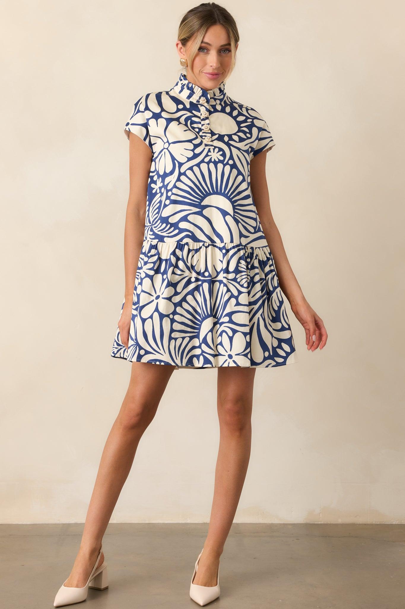 Prosperina Stella Navy Floral Print Cotton Mini Dress Product Image