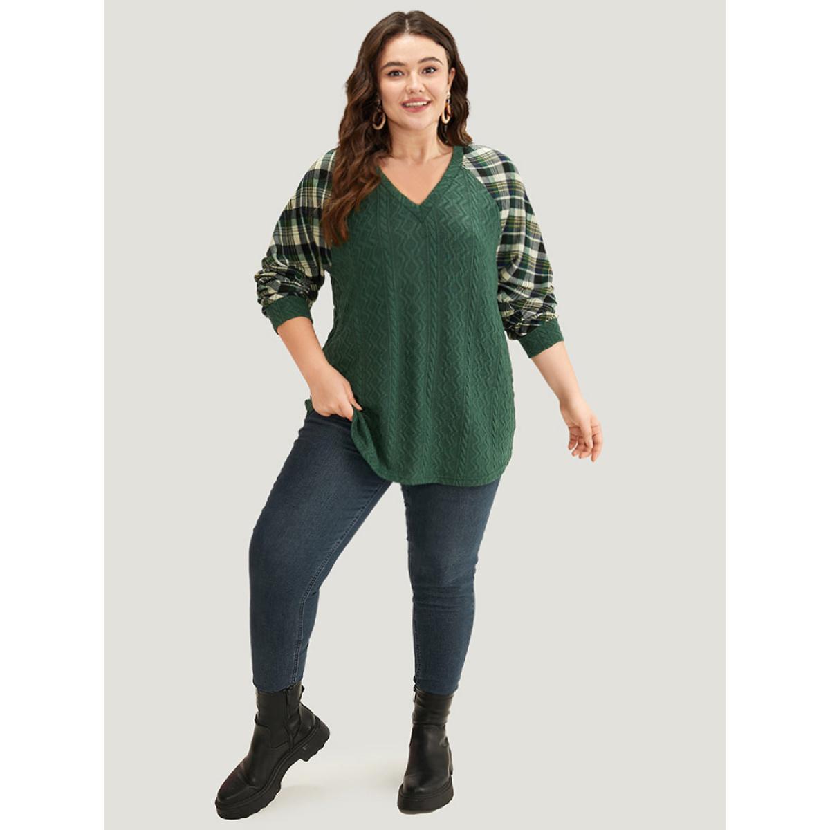 Plus Size Plaid Raglan Sleeve Patchwork Texture Sweatshirt Women DarkGreen Casual Elastic cuffs V-neck Dailywear Sweatshirts BloomChic 10/M Product Image