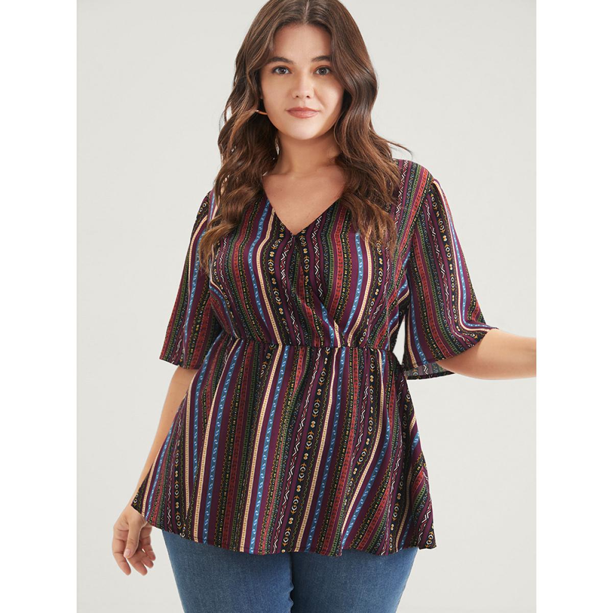 Plus Size Multicolor Striped Elastic Waist Button Ruffles Wrap Blouse Women Elegant Short sleeve V-neck Dailywear Blouses BloomChic 10/M Product Image