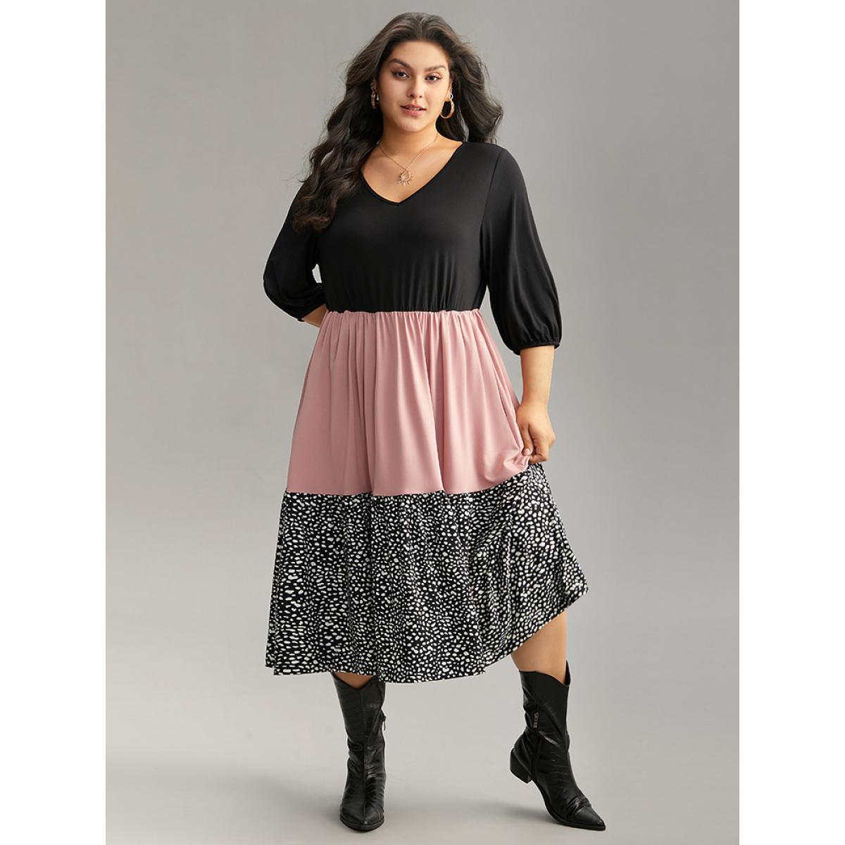Plus Size Leopard Colorblock Patchwork Elastic Waist Dress Multicolor Women Casual Elastic cuffs V-neck Elbow-length sleeve Curvy Midi Dress BloomChic 14-16/1X Product Image
