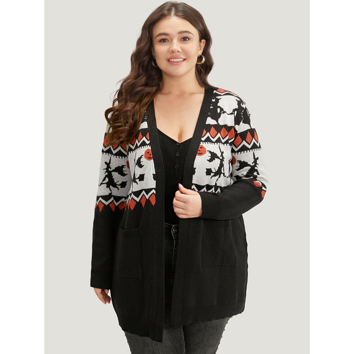 Plus Size Halloween Geo & Witch Print Open Front Cardigan Black Women Casual Loose Long Sleeve Festival-Halloween Cardigans BloomChic 14-16/1X Product Image