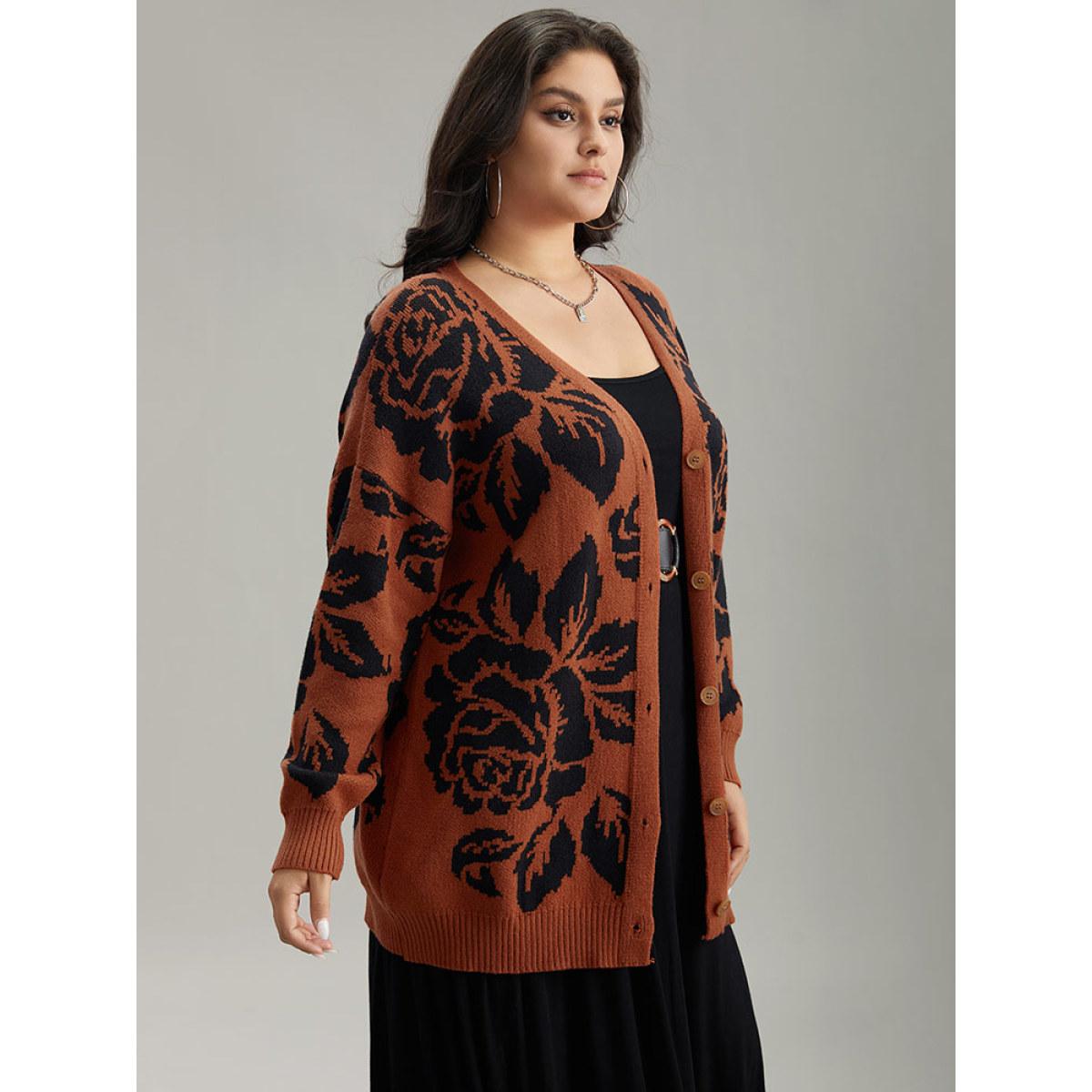 Plus Size Supersoft Essentials Silhouette Floral Print Button Fly Cardigan Chocolate Women Casual Loose Long Sleeve Dailywear Cardigans BloomChic 14-16/1X Product Image