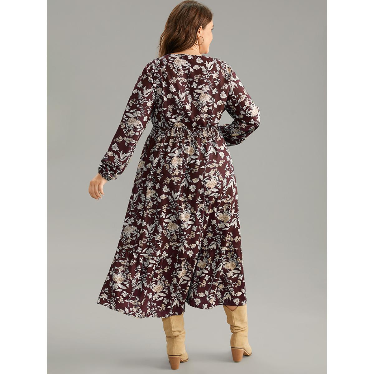 Plus Size Floral Shirred Pocket Lantern Sleeve Dress Burgundy Women Elegant Elastic cuffs V-neck Long Sleeve Curvy Midi Dress BloomChic 26/4X Product Image