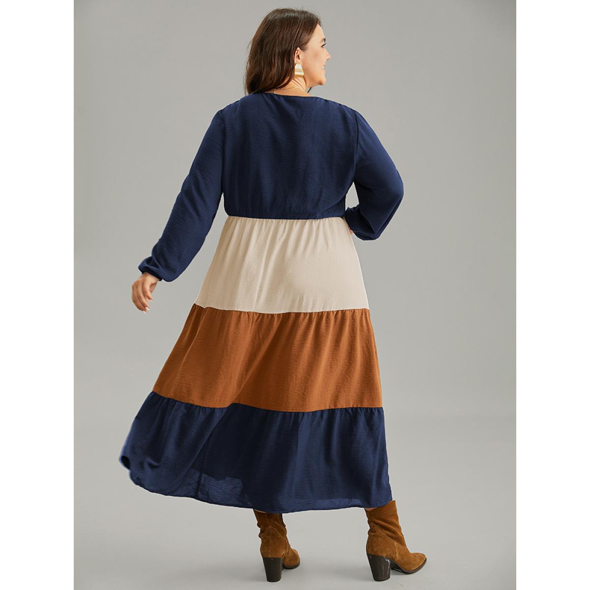 Plus Size Colorblock Patchwork Lantern Sleeve Button Detail Dress DarkBlue Women Elegant Elastic cuffs V-neck Long Sleeve Curvy Midi Dress BloomChic 26/4X Product Image