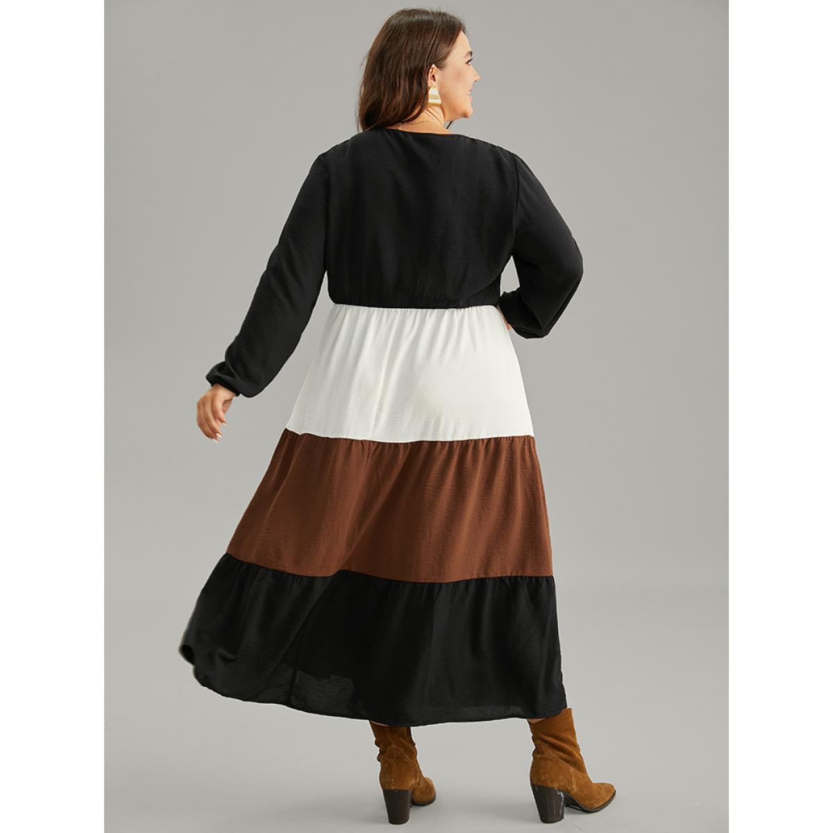 Plus Size Colorblock Patchwork Lantern Sleeve Button Detail Dress Black Women Elegant Elastic cuffs V-neck Long Sleeve Curvy Midi Dress BloomChic 14-16/1X Product Image