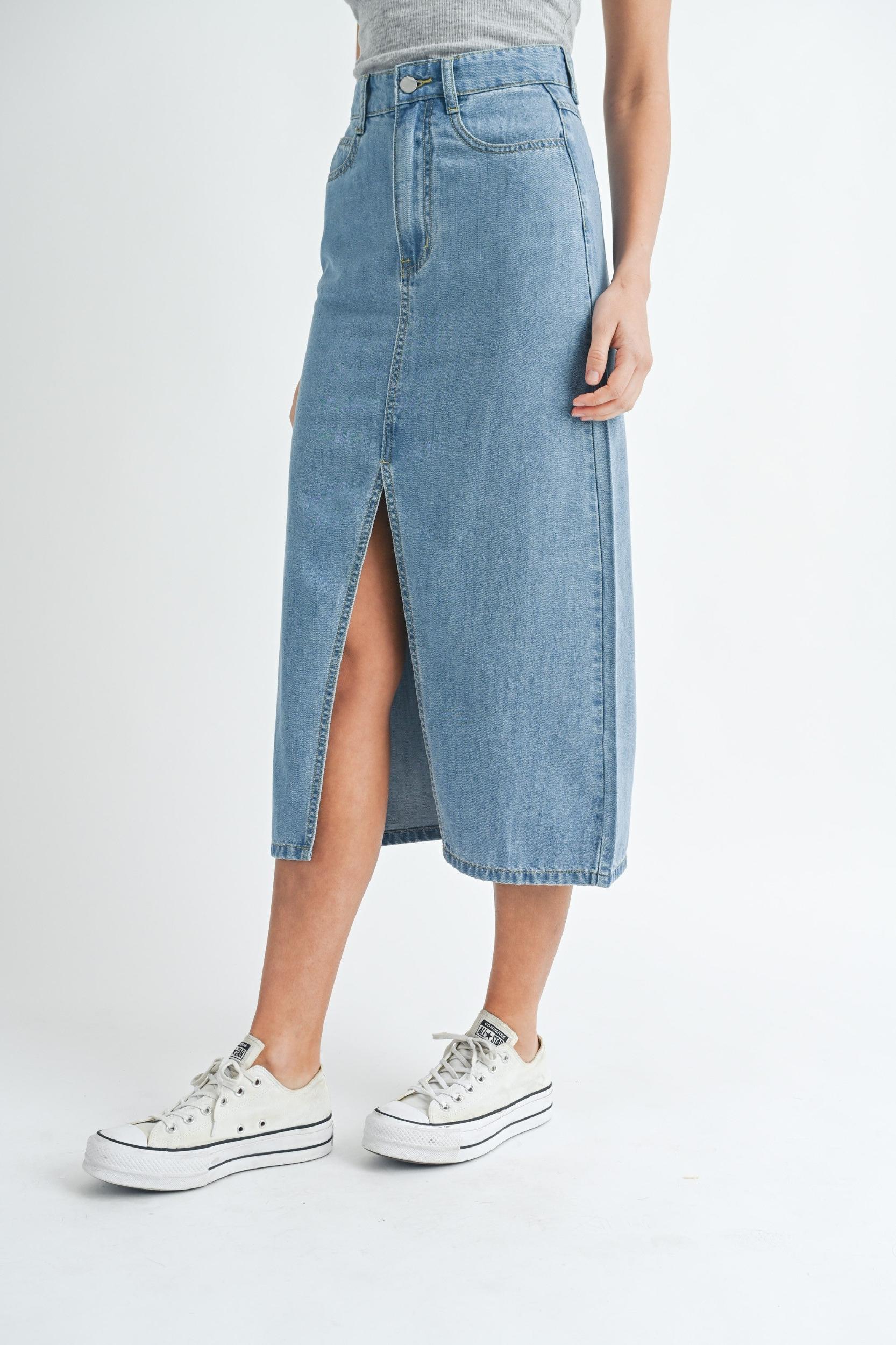 Front Slit Denim Midi Skirt Product Image