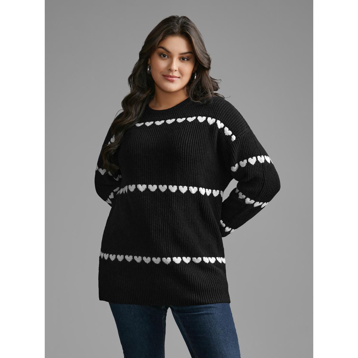 Plus Size Supersoft Essentials Heart Jacquard Pullover Black Women Casual Loose Long Sleeve Round Neck Everyday Pullovers BloomChic 28/5X Product Image