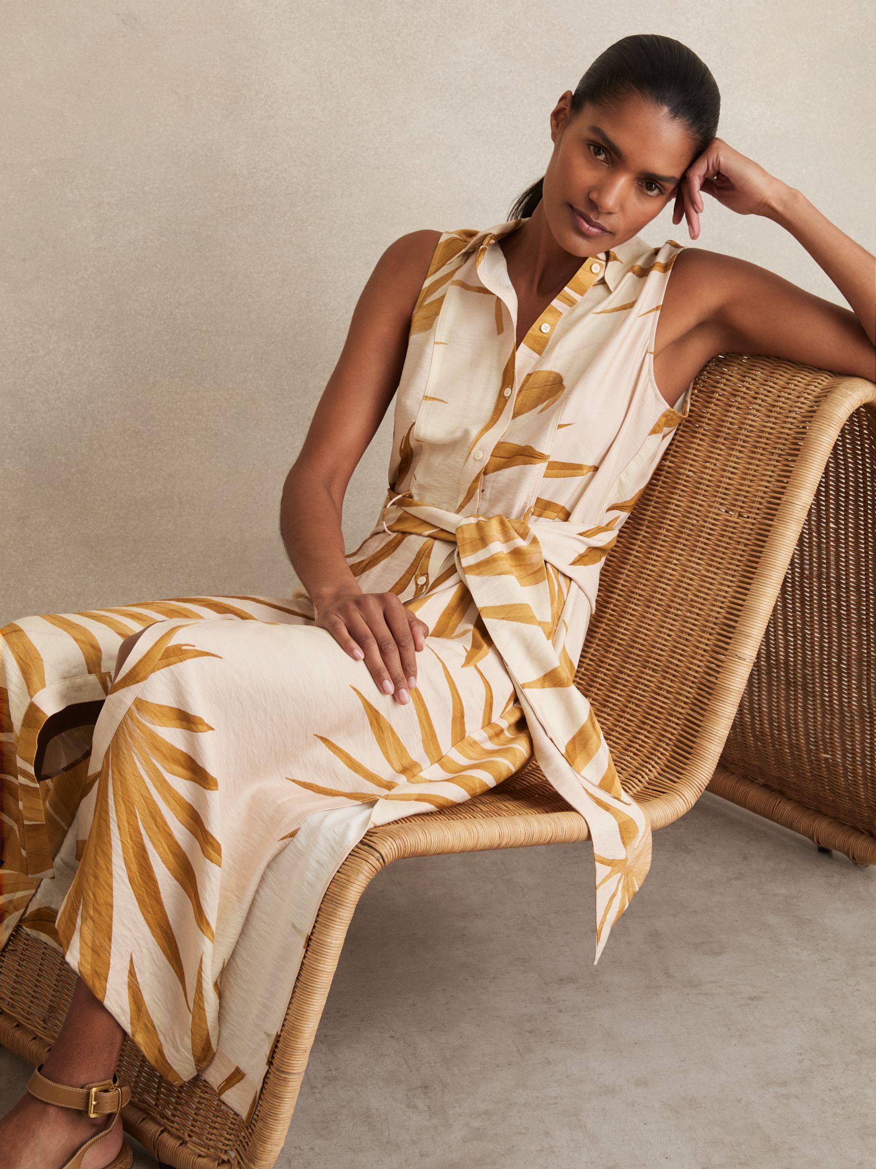 Petite Cotton Craft-Stitch Shirred Midi Dress in Khaki Product Image