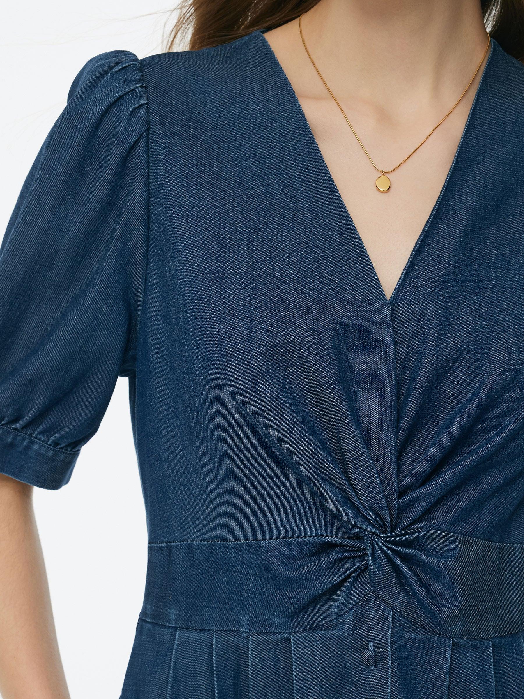 Denim Twist Front V-Neck Women Maxi Dress Product Image