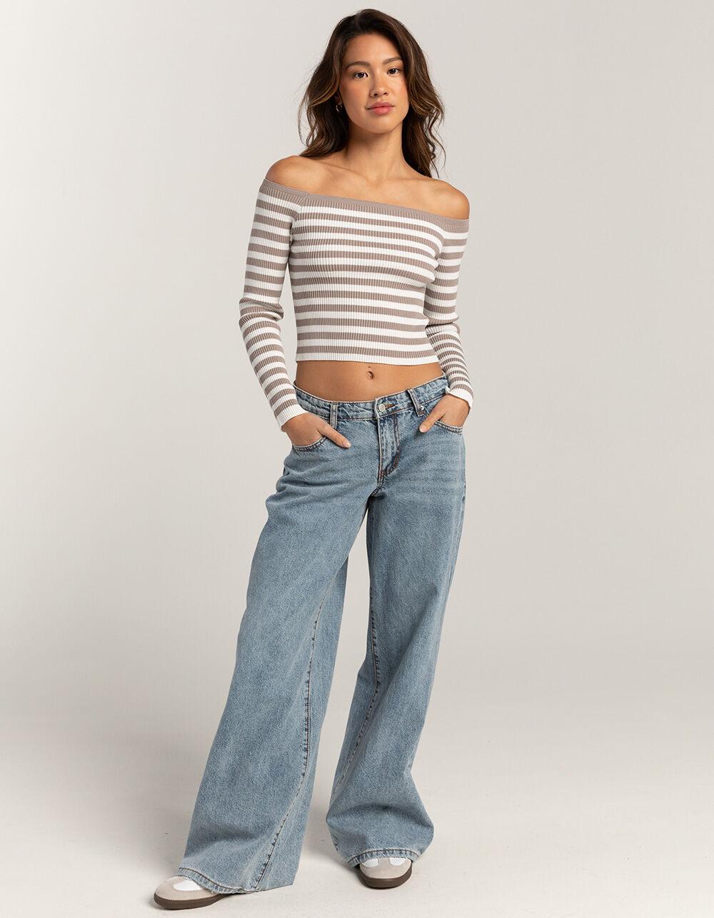 RSQ Womens Stripe Off The Shoulder Long Sleeve Top - TAN COMBO Product Image