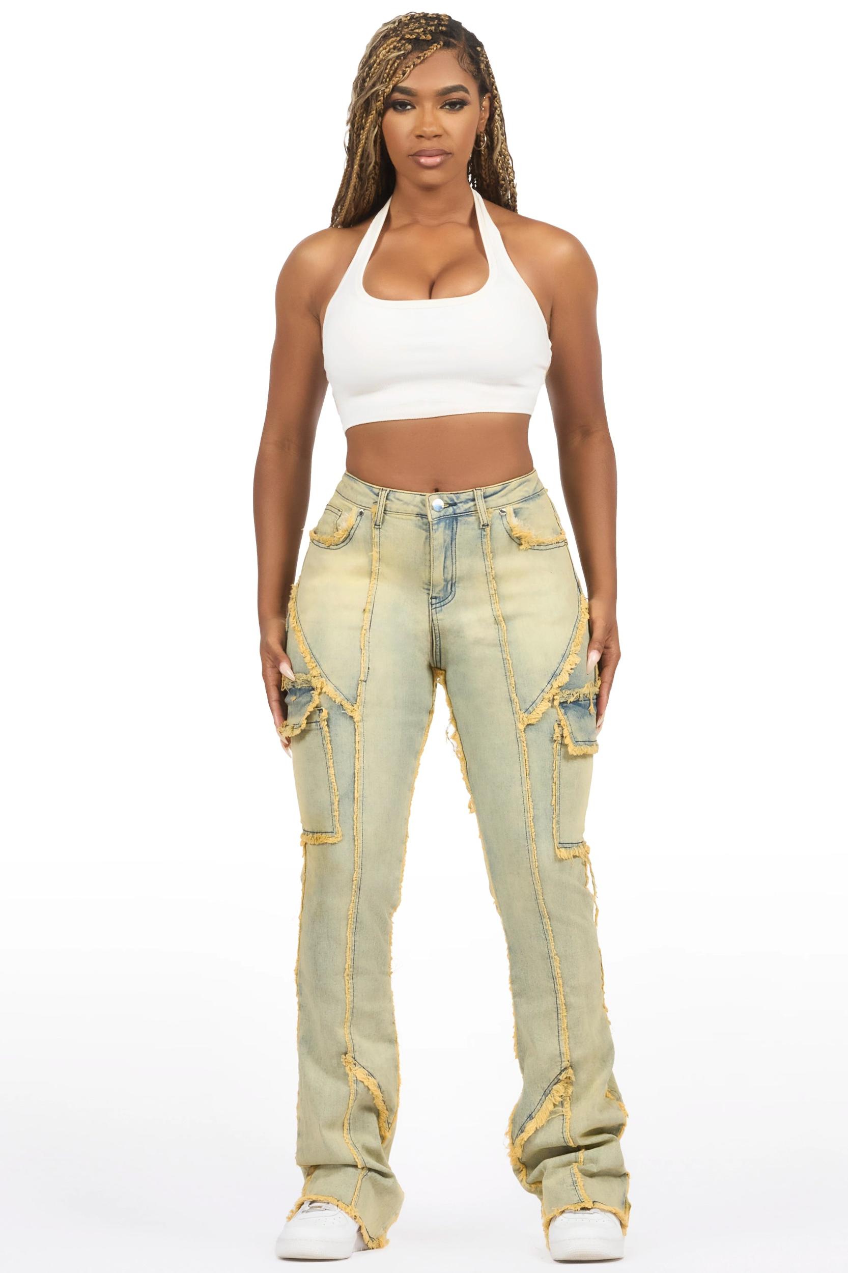 Keshia Dirty Blue Wash Stacked Flare Jean Female Product Image