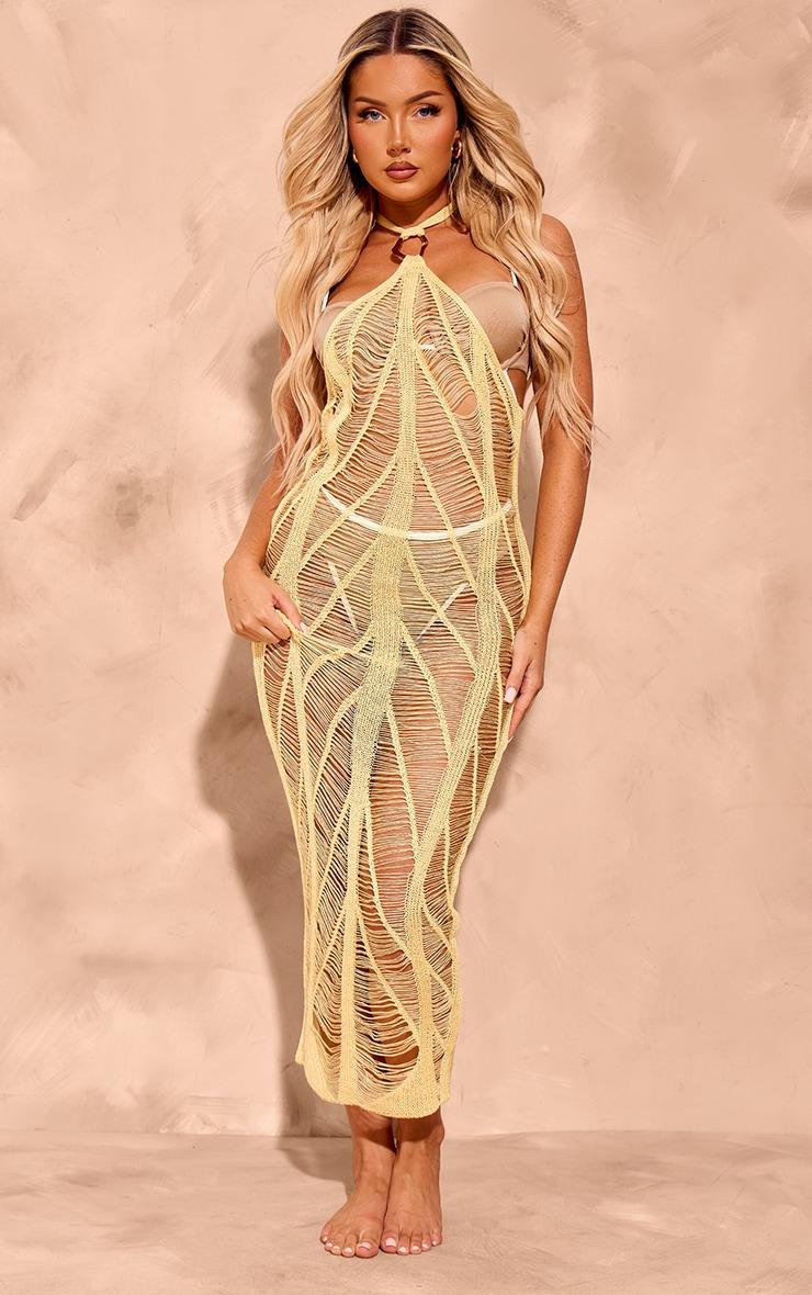 Yellow Laddered Crochet Gold Trim Maxi Beach Dress Product Image