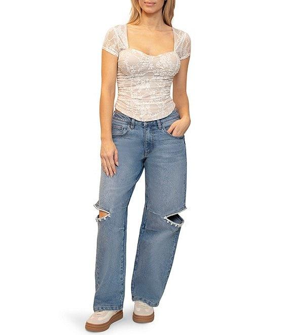 Stevie By Steve Madden Sheer Lace Cap Sleeve Corset Top Product Image