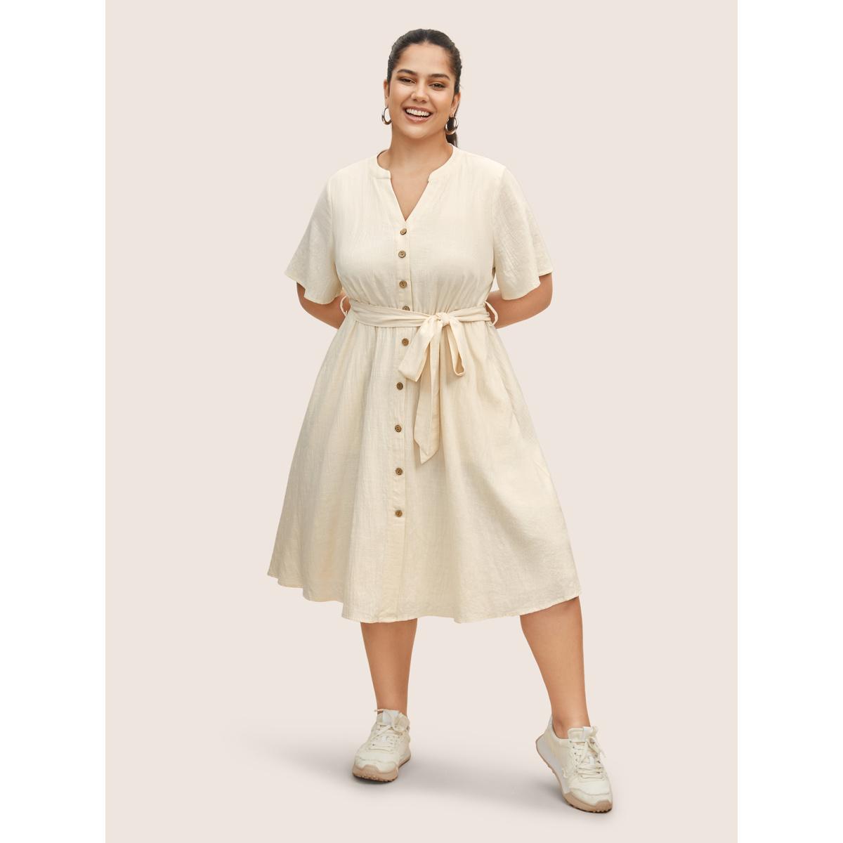Plus Size Notched Collar Plain Button Detail Belted Dress Ivory Women Casual Belted Notched collar Half Sleeve Curvy BloomChic 28/5X Product Image