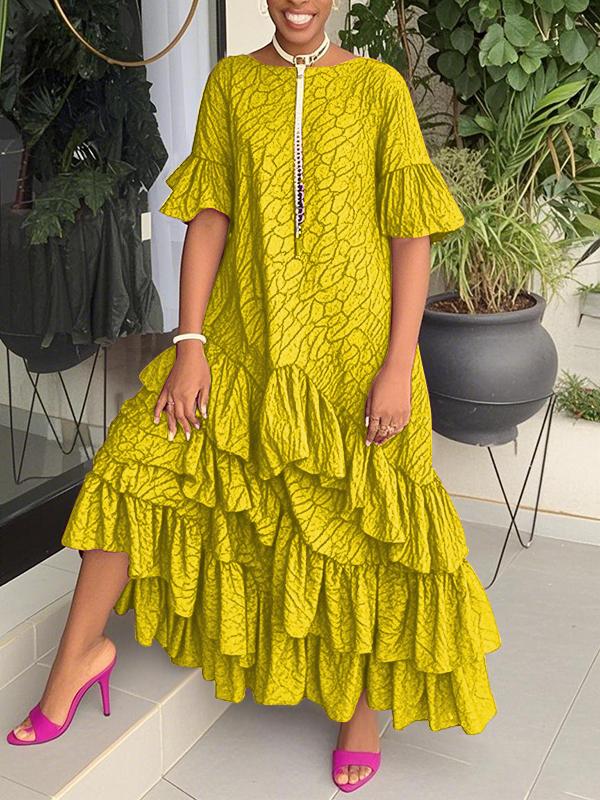Flared Sleeves Half Sleeves Asymmetric Layered Pleated Printed Ruffle Trim Round-Neck Maxi Dresses Product Image