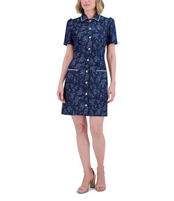 Eliza J Denim Floral Print Point Collar Neck Short Sleeve Rhinestoned Button Front Shirt Mini Dress Product Image