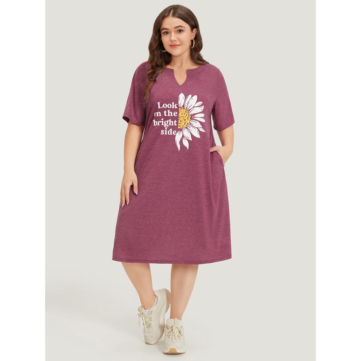 Plus Size Supersoft Essentials Slogan & Sunflower Print Notched Pocket Dress RedViolet Women Casual Plain Curvy Midi Dress BloomChic 18-20/2X Product Image