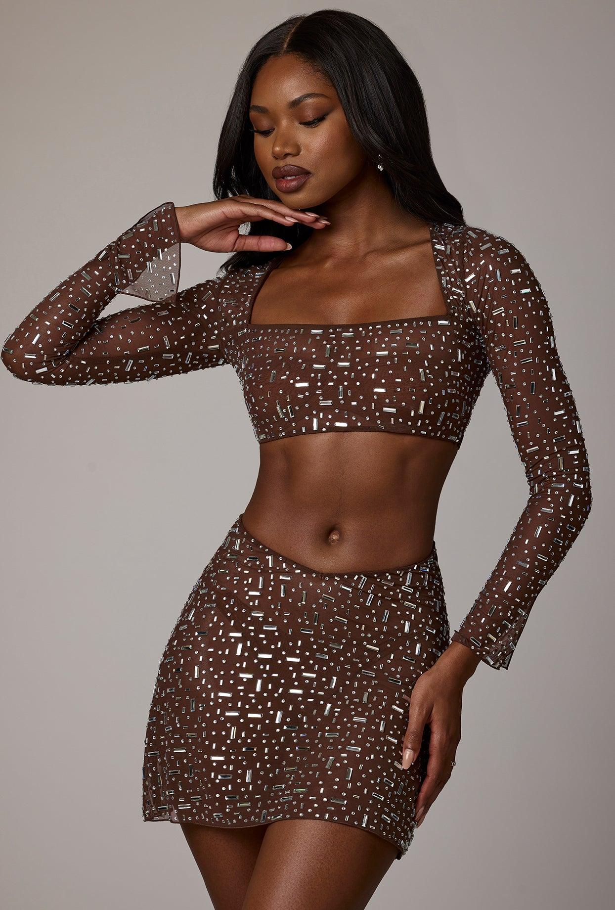 Sheer Embellished V Waist Mini Skirt in Deep Cocoa Product Image