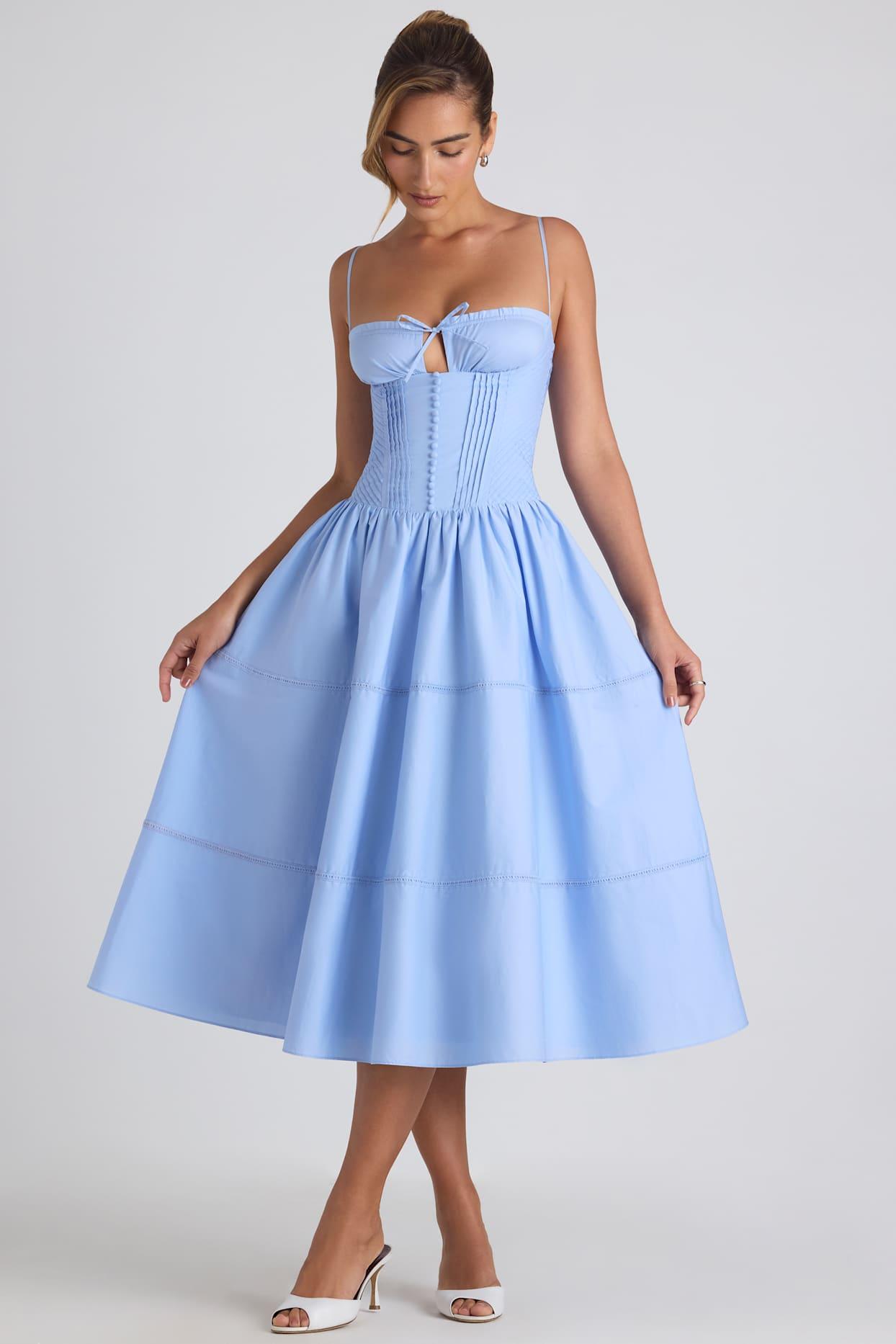 Lace-Trim Pintucked Poplin Midaxi Dress in Sky Blue Product Image