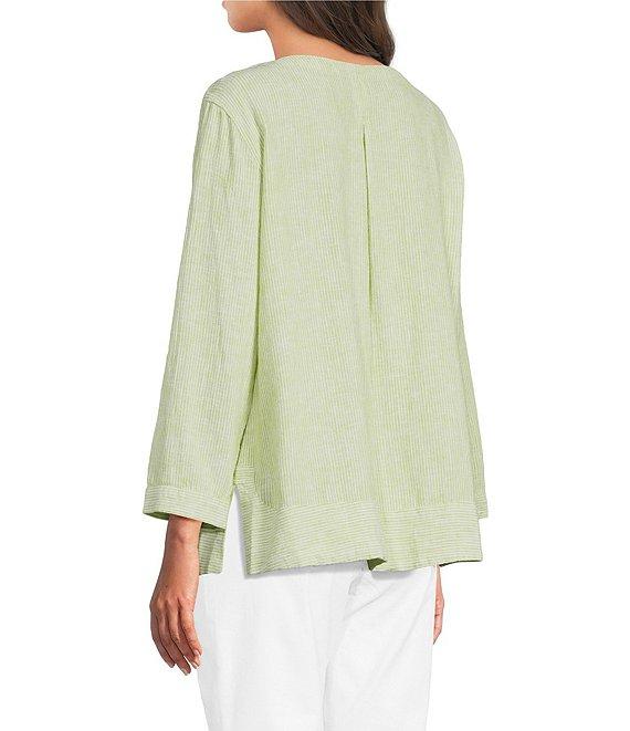 Ali Miles Woven Coordinating Yarn-Dye Stripe Round Neck 3/4 Cuffed Sleeve Button Front Placket Top Product Image