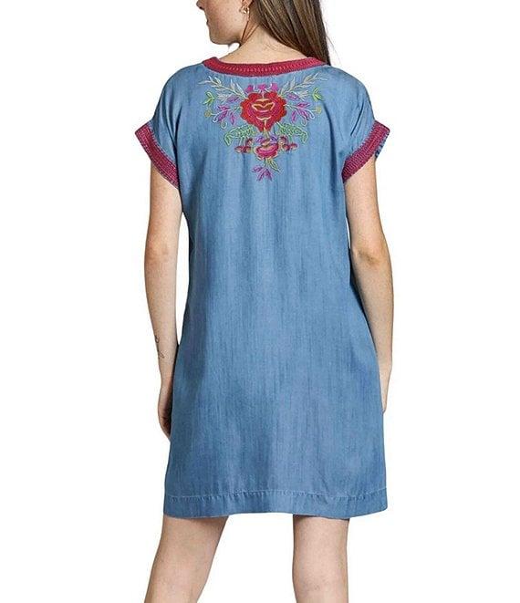 APNY Woven V-Neck Short Sleeves Embroidered A-Line Dress Product Image