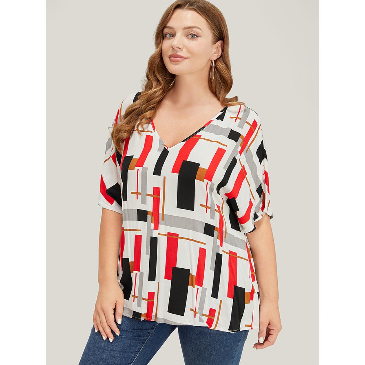 Plus Size Multicolor Geometric Contrast Dolman Sleeve Blouse Women Casual Short sleeve V-neck Dailywear Blouses BloomChic 12/L Product Image