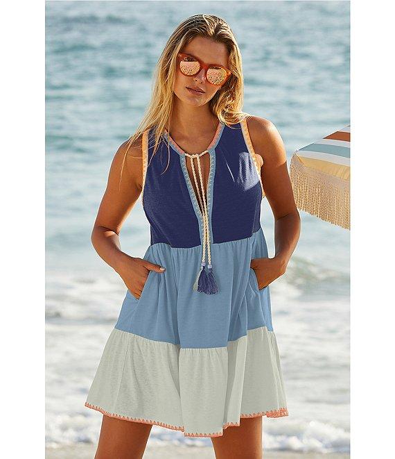 Lucky Brand Lagos Color Block Split V Neck Flutter Hem Swim Cover-Up Dress Product Image