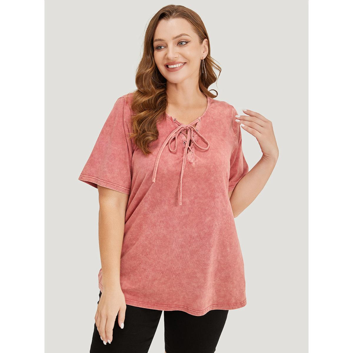 Plus Size Solid Lace Up Crew Neck Vintage T-shirt Rust Women Casual Cross straps Plain Round Neck Dailywear T-shirts BloomChic 12/L Product Image