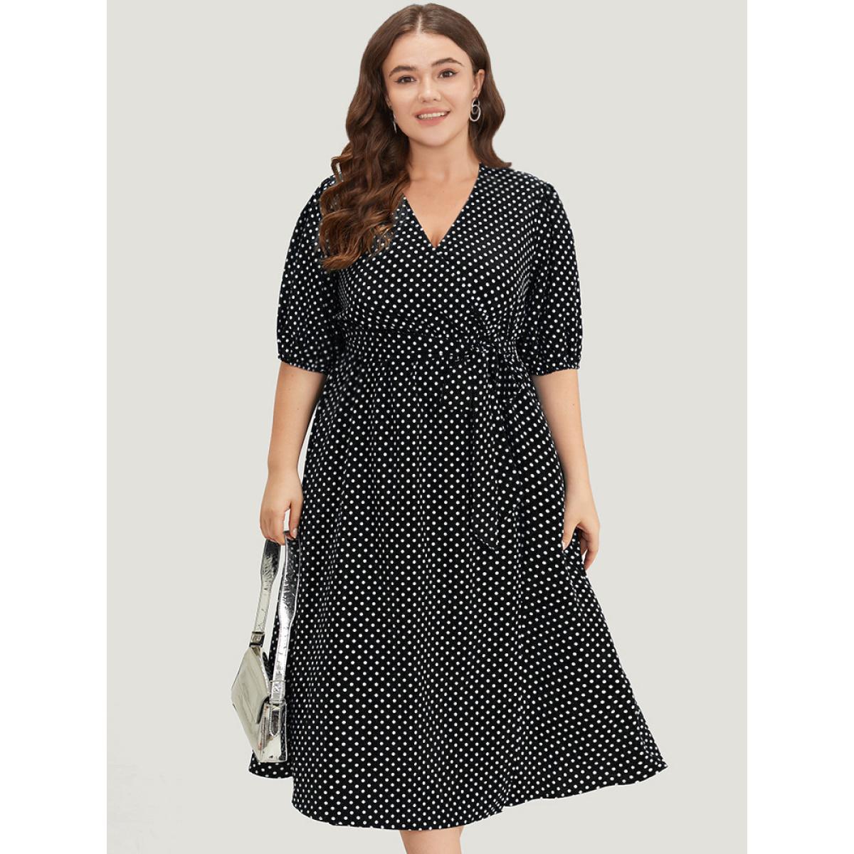 Plus Size Polka Dot Belted Lantern Sleeve Surplice Neck Dress Black Women Office Elastic cuffs V-neck Short sleeve Curvy Midi Dress BloomChic 14-16/1X Product Image