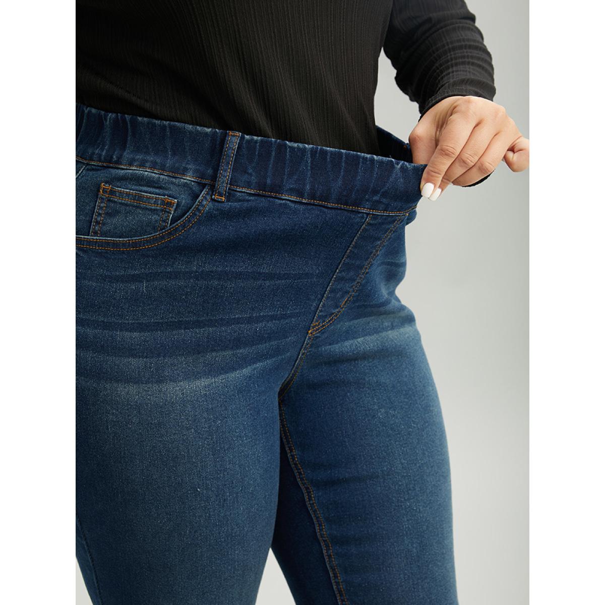Plus Size Dark Wash Skinny Elastic Waist Jeans Women Blue Casual Plain Plain High stretch Pocket Jeans BloomChic 18/2X Product Image