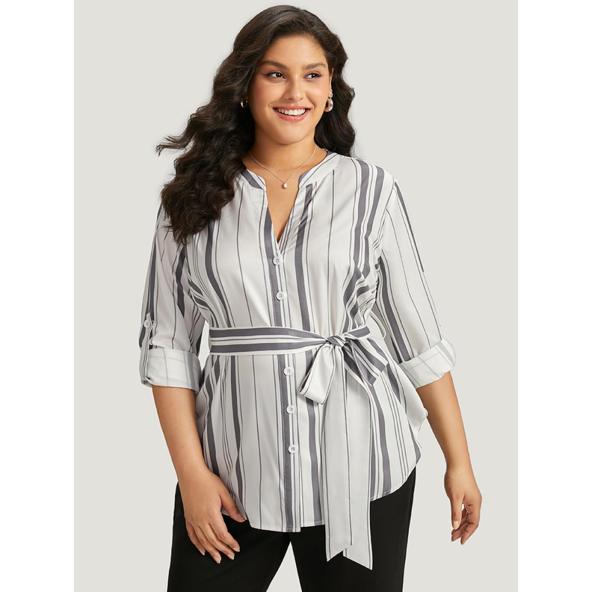 Plus Size Ivory Striped Arc Hem Belted Roll Tab Sleeve Blouse Women Office Long Sleeve V-neck Work Blouses BloomChic 14-16/1X Product Image