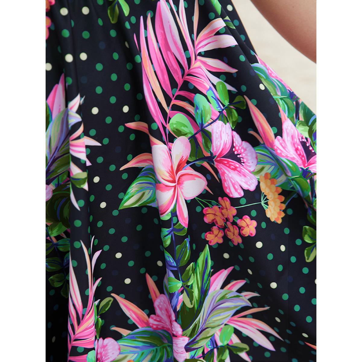 Plus Size Floral Hanky Hem Cut Out Halter Sculpt Waist Swim Dress Women's Swimwear BlackFlower Vacation Bodycon Halter neck High stretch Curve Swim Dresses BloomChic 12/L Product Image