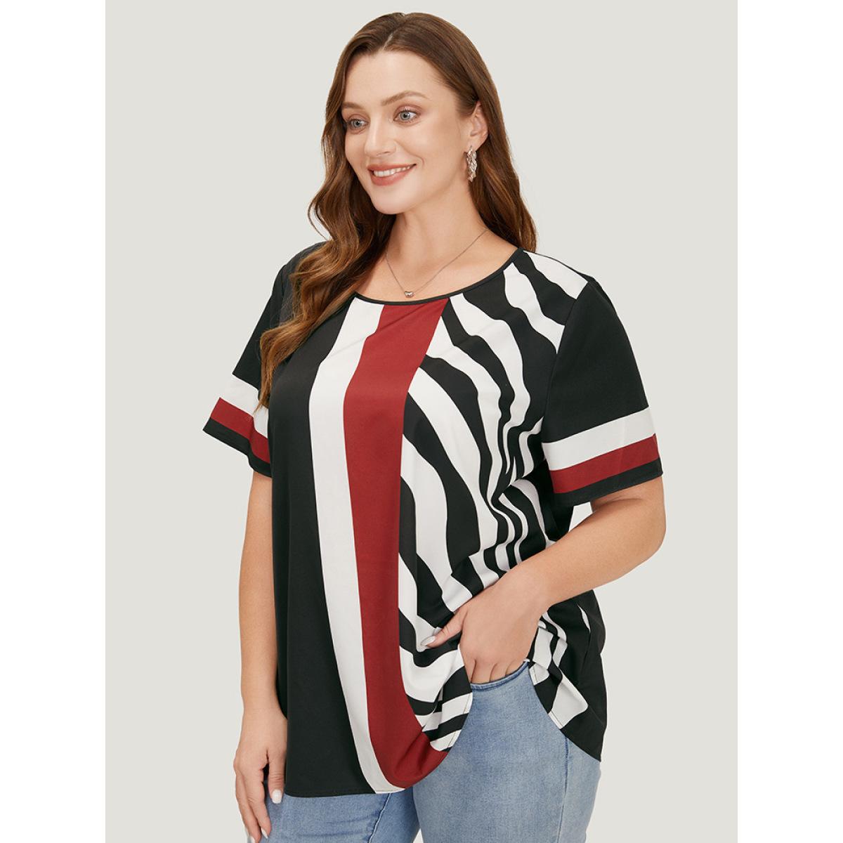 Plus Size Multicolor Striped & Geometric Print Crew Neck Blouse Women Elegant Short sleeve Round Neck Dailywear Blouses BloomChic 22-24/3X Product Image