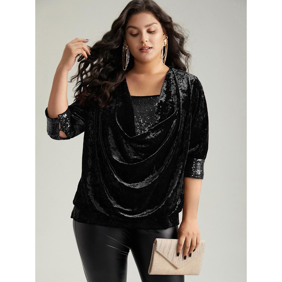 Plus Size Black Cowl Neck 2-In-1 Sequin Patchwork Blouse Women Party&Cocktail Elbow-length sleeve Cowl Neck Party Blouses BloomChic 22-24/3X Product Image