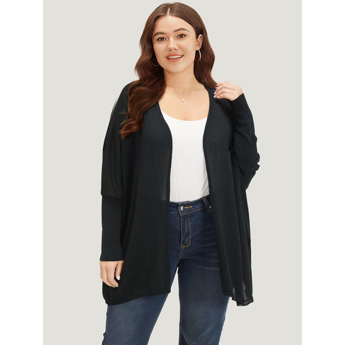 Plus Size Plain Open Front Batwing Sleeve Elastic Cuffs Cardigan Black Women Casual Loose Long Sleeve Everyday Cardigans BloomChic 28/5X Product Image