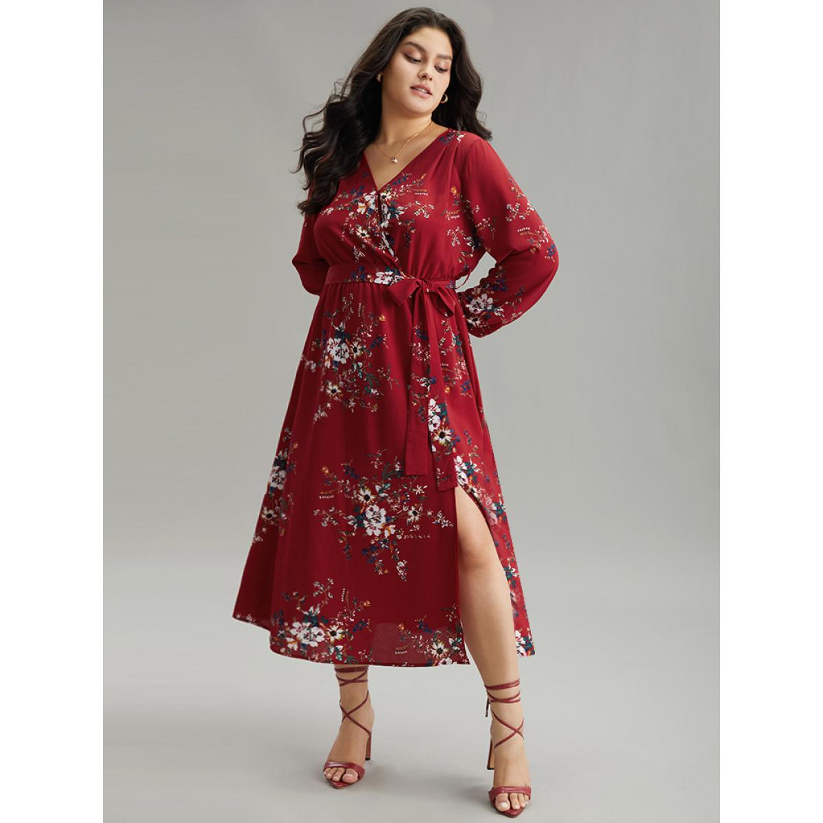 Plus Size Floral Print Belted Split Surplice Neck Dress Scarlet Women Elegant Elastic cuffs Overlap Collar Long Sleeve Curvy Midi Dress BloomChic 12/L Product Image
