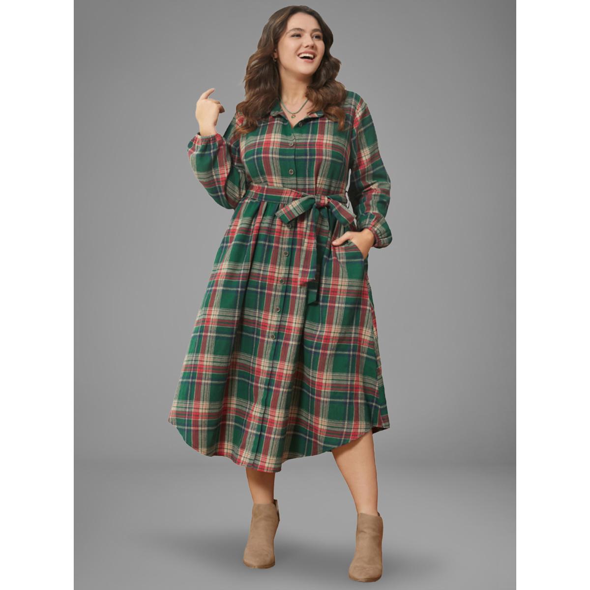 Plus Size Plaid Button Detail Pocket Belted Arc Hem Dress Multicolor Women Leisure Pocket Shirt collar Long Sleeve Curvy Midi Dress BloomChic 26/4X Product Image