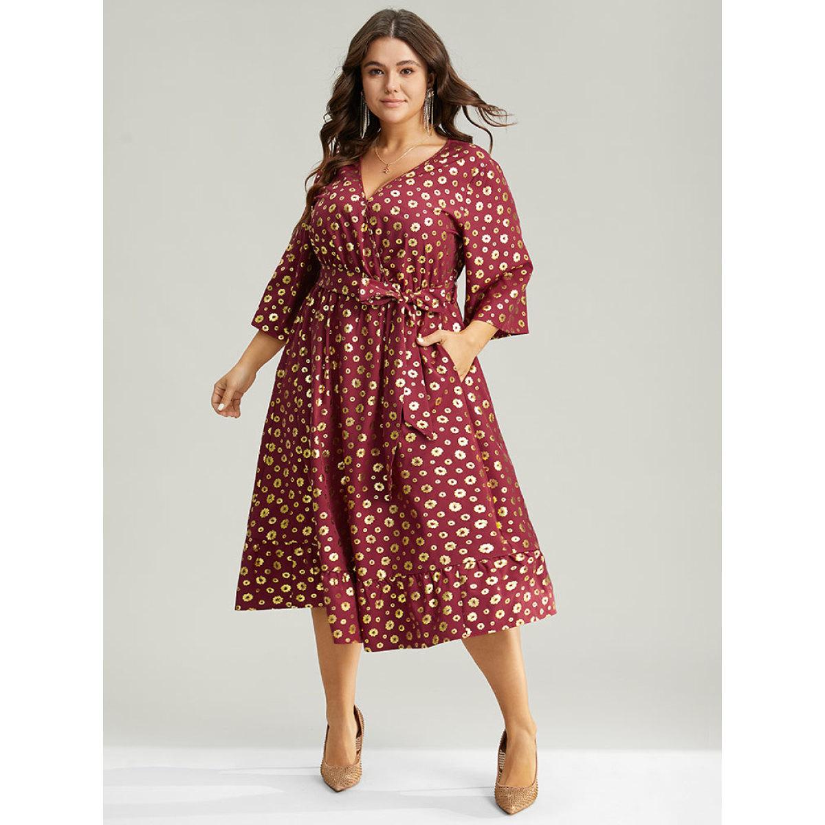 Plus Size Colorblock Glitter Bowknot Belted Pocket Dress Scarlet Women Party Wrap Overlap Collar Elbow-length sleeve Curvy Midi Dress BloomChic 12/L Product Image