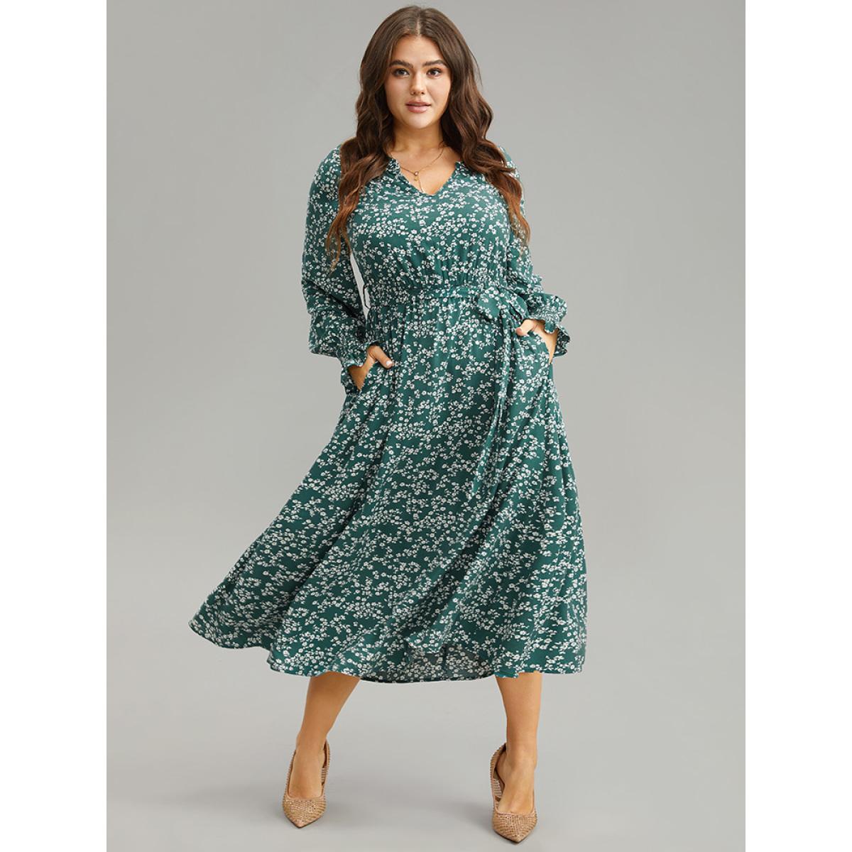 Plus Size Ditsy Floral Shirred Belted Notched Dress DarkGreen Women Elegant Belted Notched collar Long Sleeve Curvy Midi Dress BloomChic 26/4X Product Image